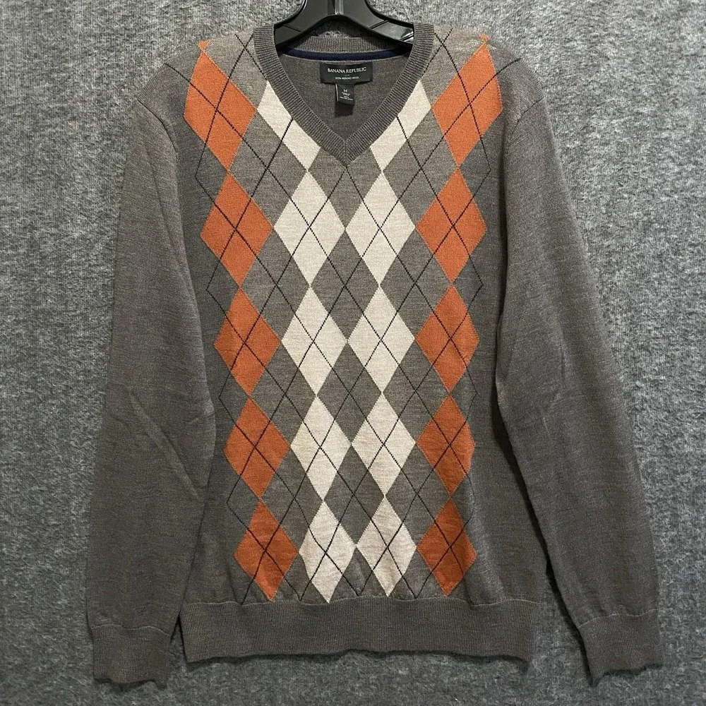 NEW Banana Republic Argyle Merino Wool Sweater Mens Medium Brown Preppy Academia
